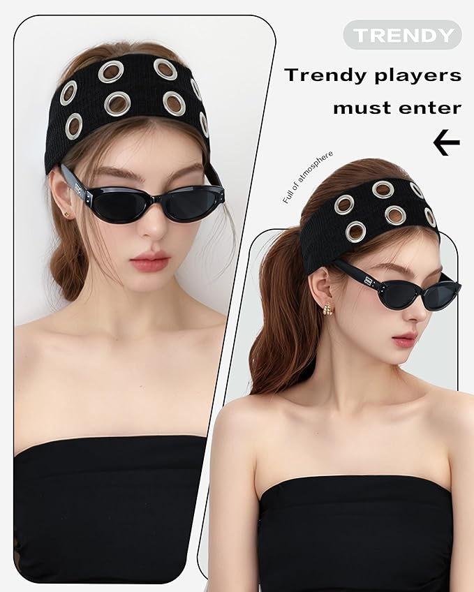 Grommet Headband for Women, Wide Black 20cm Hollow Out Elastic Hair Band, Eyelets Punk Grunge Stylish Hairband