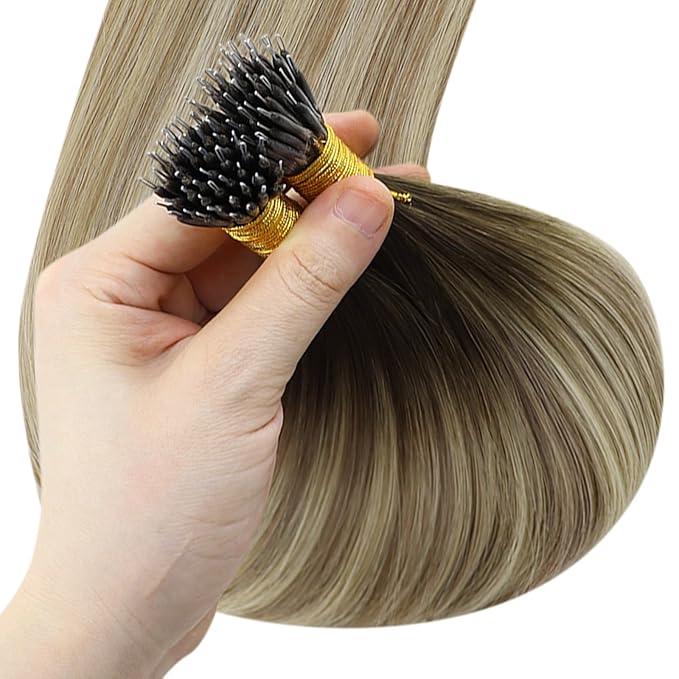 YoungSee Nano Beads Hair Extensions Human Hair Brown Ombre Blonde Nano Ring Hair Extensions 24inch Nano-tip Hair Extension Brown Balayage Blonde 50g for Weddings and Special Occasions