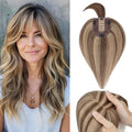 Rich Choices Real Human Hair Toppers for Women With Bang 100% Remy Human Hair Topper for Thinning Hair Clip in Silk Base Hair Topper 10 Inch #4P27 Medium Brown Mix Dark Blonde
