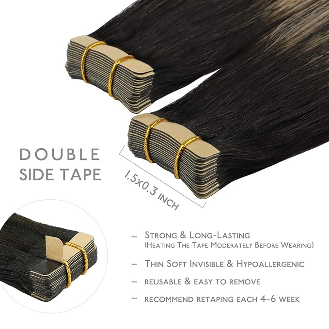 WENNALIFE Tape in Hair Extensions Human Hair, 20pcs 50g 16 inch Natural Black to Light Blonde Remy Hair Extensions Straight Human Hair Tape in Extensions Skin Weft Tape Extensions Human Hair