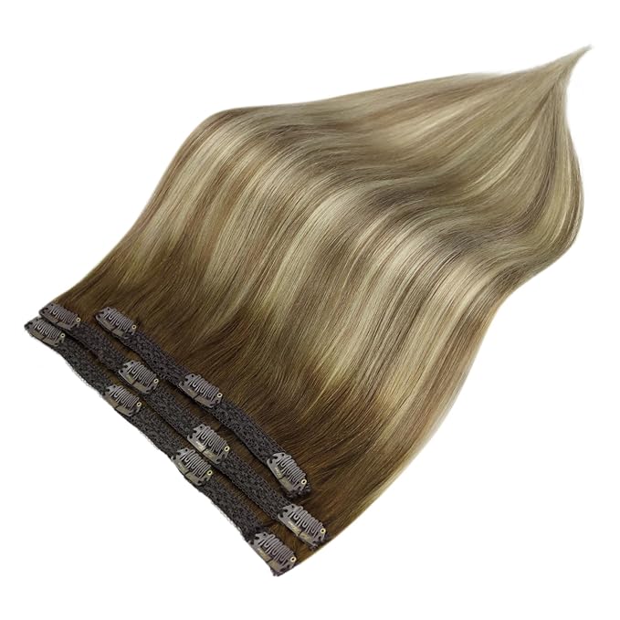 Full Shine Balayage Clip in Hair Extensions 60 G 3 Pcs Brown Ombre Ash Brown Mix Blonde Real Hair Extensions Clip in Human Hair Straight Remy Hairpiece for Women 20 Inch