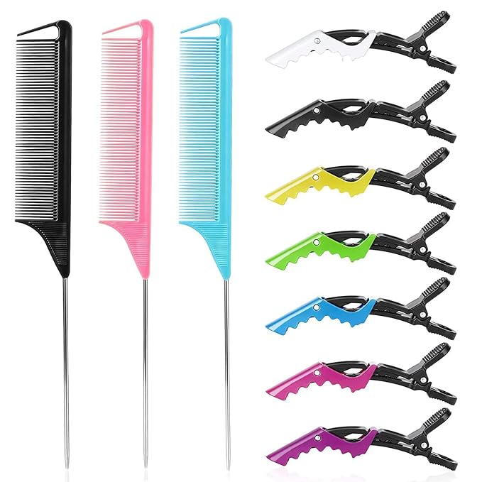 Rat Tail Comb Hair Clips Set: 3Pcs Rat Tail Combs, Hair Styling Combs for Women and 7 Professional Sectioning Hair Clips (Black，Pink，Blue)