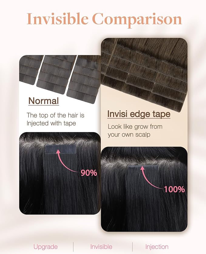GOO GOO Invisi Edge Tape in Hair Extensions Human Hair, 4/27/4 Balayage Chocolate Brown to Caramel Blonde 20pcs 18inch 50g, Virgin Remy Hair, Seamless Injected Tape, Natural Look