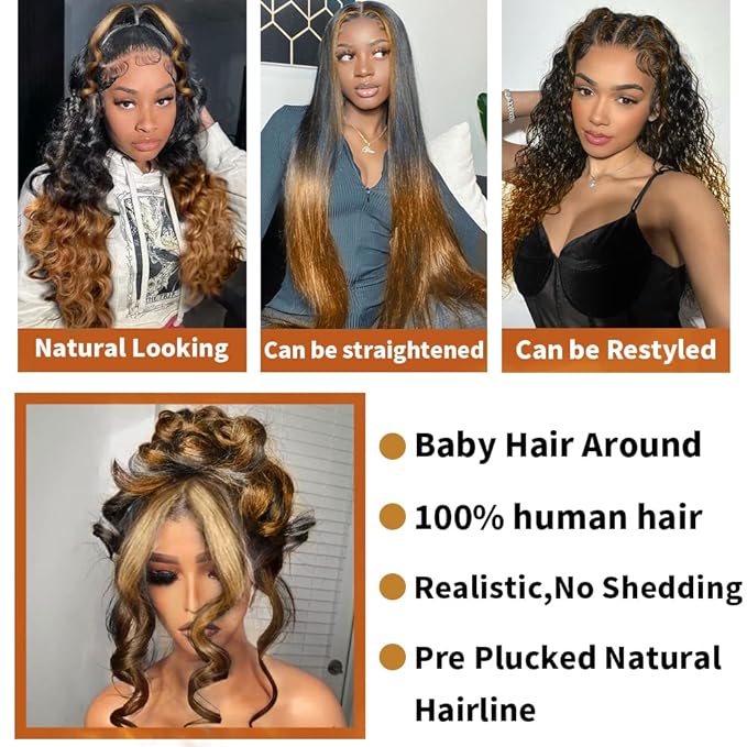 200% Density Full 360 Lace Front Wigs Human Hair Wigs For Women 1B/30 Ombre Lace Front Wig 360 Glueless Wigs Body Wave Lace Frontal Wigs Balayage Wig 360 Frontal Wigs(20 Inch)