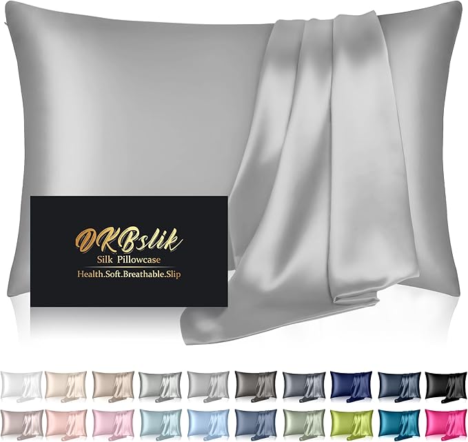 Silk Pillowcase for Hair and Skin, Mulberry Silk Pillow Cases Standard Size, Soft Anti Acne Cooling Sleep Both Sides Natural Silk Satin Pillow Covers with Hidden Zipper, Gifts for Women Men, Grey
