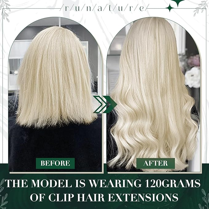 RUNATURE Clip in Hair Extensions Real Human Hair, Remy Human Hair Clip in Extensions for Women, Natural Human Hair, 20 Inch 50g 3pcs, #800 Platinum Blonde