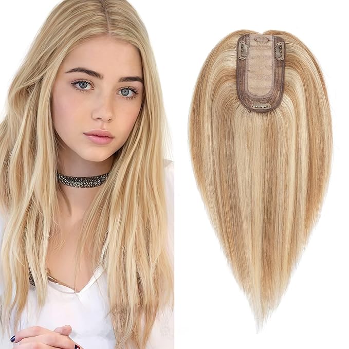 SEGO Real Human Hair Topper for Women, Toppers with 4 Anti-Slip Clips with Thinning hair No Bangs (12 Inch#12P613 Golden Brown Mix Bleach Blonde)