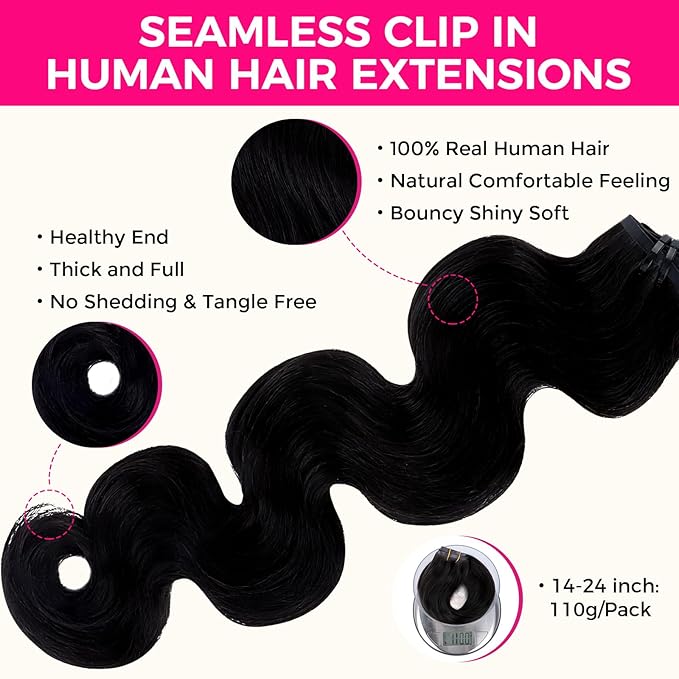 Lashey Seamless Clip in Human Hair Extensions - #1 Jet Black Body Wave 14 Inch PU Weft - 7pcs 110g Natural Real Hair for Women