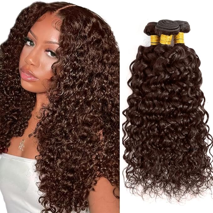 Color 4 Bundles Human Hair Brown Water Wave Bundle Niegmeag Brazilian Virgin Remy Hair 3 Bundles 22 24 26 Inch Chocolate Brown Wet and Wavy Bundle 150g