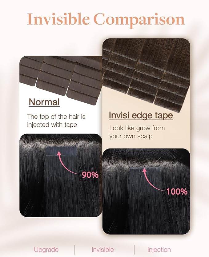 GOO GOO Invisi Edge Tape in Hair Extensions Human Hair, 4A Chocolate Brown 20pcs 24inch 50g, Virgin Remy Hair, Seamless Injected Tape, Natural Look