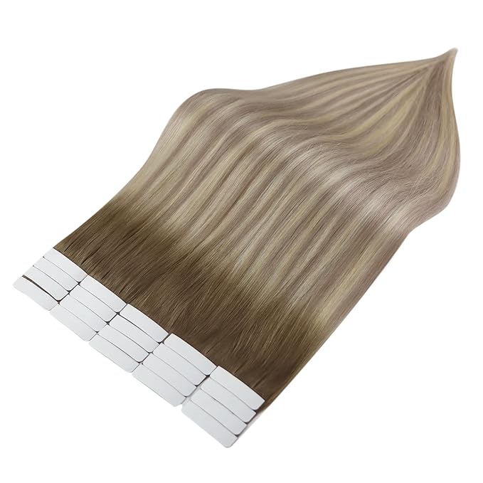 Full Shine Tape in Hair Extensions Human Hair 12Inch Balayage Color 8 Ash Brown Fading to 60 Highlighted 18 Ash Blonde Seamless Hair Extensions Real Human Hair Tape in 30G 20Pcs for Women Soft Remy