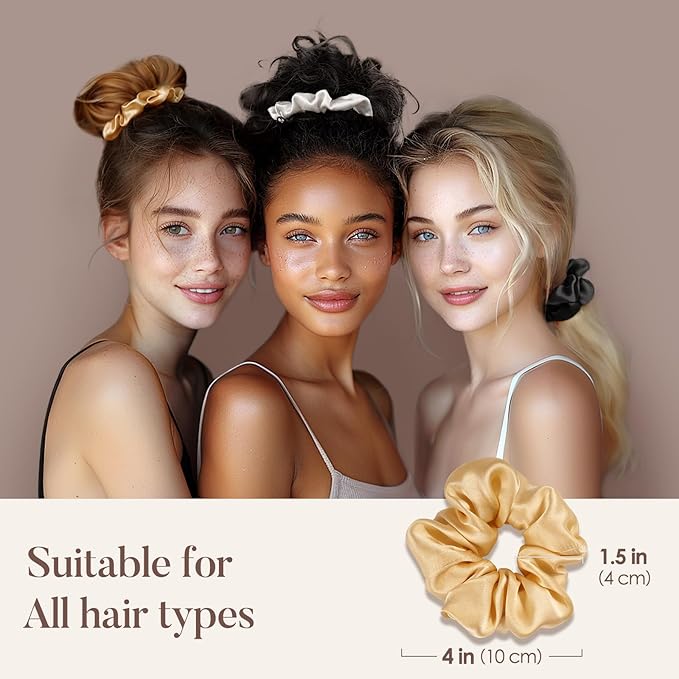 LULUSILK Silk Scrunchies for Hair Sleep, 100% Real Mulberry Silk, No Damage Hair Ties for Women and Girls, Black White and Gold, Pack of 3