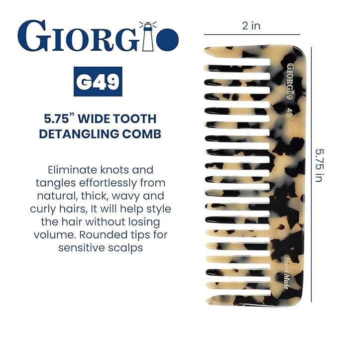 Giorgio G49 White Tokio, Large 5.75 Inch Detangling Comb, Wide Teeth for Thick Curly Wavy Hair. Long Hair Detangler Comb For Wet and Dry. Handmade of Quality Cellulose, Saw-Cut, Hand Polished
