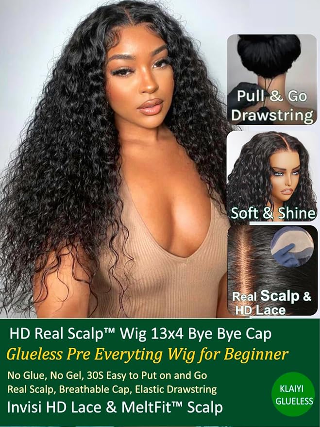 KLAIYI Water Wave HD Real Scalp Glueless Precut 13x4 Lace Front Human Hair Wig Drawstring Bye Bye Knots Pre Plucked Bleached Pre Everything 30S Ready to Wear and Go Deep Curly Wave Beginner Wig 18Inch