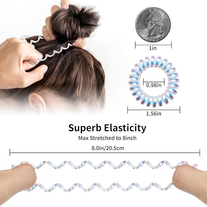 16Pcs Spiral Hair Ties, (Laser&Clear White) Hair Elastic Coils for Women and Girls, Waterproof Phone Cord Hair Scrunchies Accessories Bands for Ponytails and Updos
