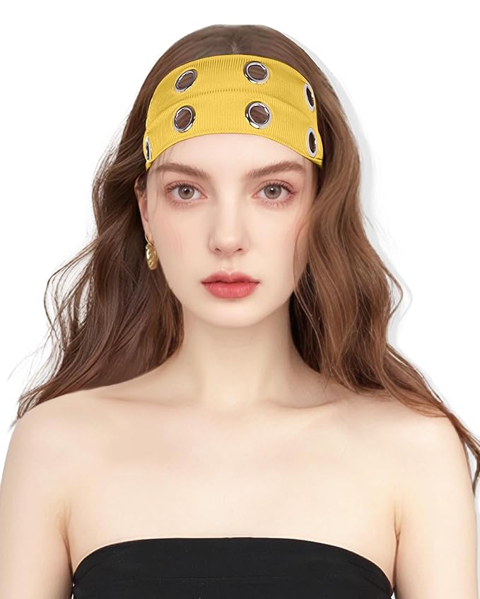 Grommet Headband for Women, Yellow 23cm Hollow Out Elastic Hair Band, Eyelets Punk Grunge Stylish Hairband