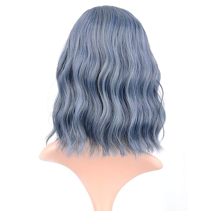 FAELBATY Blue Wigs With Air Bangs Shoulder Length Short Wave Wig For Women Curly Wavy Synthetic Cosplay Wig Blue Wig for Girl Halloween Costume Wigs (12" Dusky Blue Color)