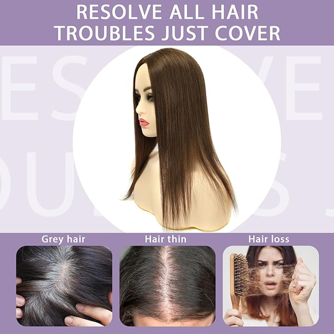 3x5 Inch Injected Silk Base Hair Toppers for Women, 12 Inch Length 130% Density Real Human Hair Pieces #2A Brown