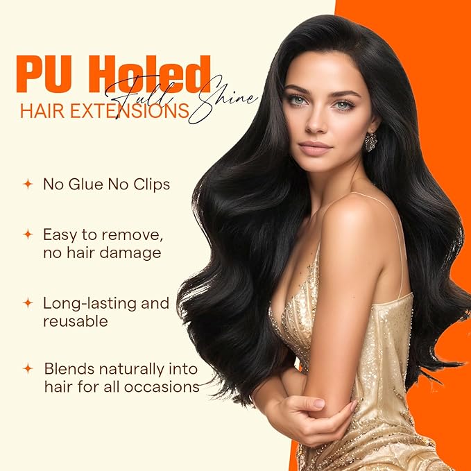Full Shine Holed Tape in Hair Extensions Human Hair 24Inch Invisible Tape Extensions Seamless Color 3 Dark Brown to 8 Ash Brown and 22 Blonde 20PCS 50G Skin Weft for Wedding PU Weft