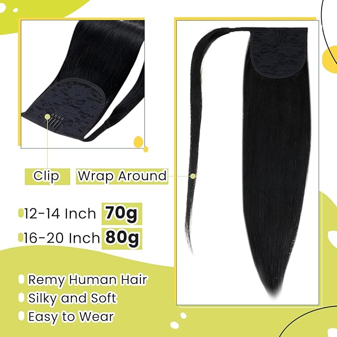 RUNATURE Ponytail Extension Human Hair Black, Real Hair Ponytail Extension for Women, 16 Inch 80g Wrap Around Human Hair Ponytail, Tangle-free, Clip in Pony Tail Extension #1 Jet Black
