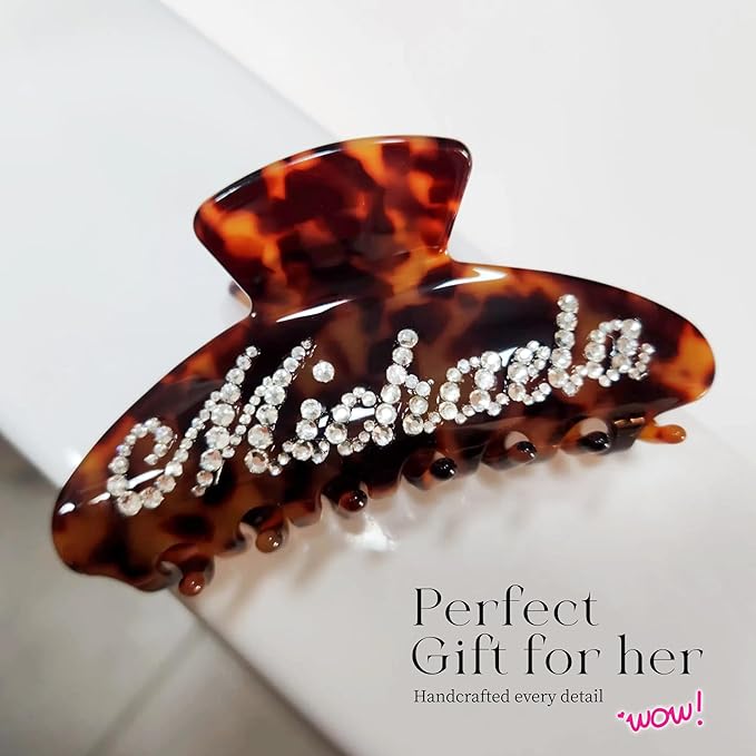 Personalized Colorful Name Hair Claw Clips for Women,Custom Hair Clips with Diamond,Cute Hair Accessories 4",Handmade Rhinestones Hair Clamp Gifts for Mom,Bride,Wife,Bridesmaid,Couples(Tortoise)