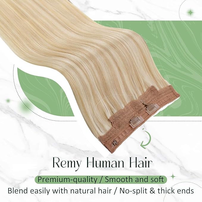 RUNATURE Wire Human Hair Extensions, Invisible Wire Hair Extensions Real Hair for Women, One Piece Clip in Fish Line Extensiosn, Doubel Weft Remy Brazilian Natural Hair, 18 Inch 80g #18P613