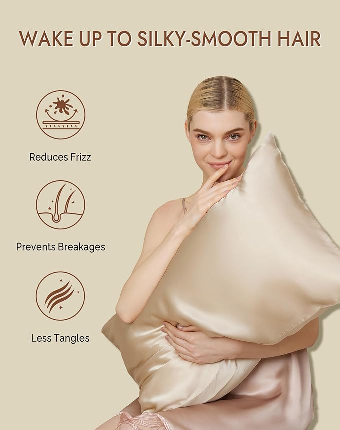 SilkSilky 100% Mulberry Silk Pillowcase - Pure 22 Momme High-Grade 6A Fibers for Hair & Skin, Envelope Closure, Natural, Organic, Breathable & Cooling Pillow Case (Standard, Beige)