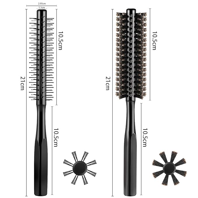 Geiserailie 2 Pieces Thick Round Hair Comb Bristle Blow Drying Hairbrush Small Brush Short Hair Massage Comb Head Massage Round Brush Roll Hairbrush for Wet or Dry(Black)