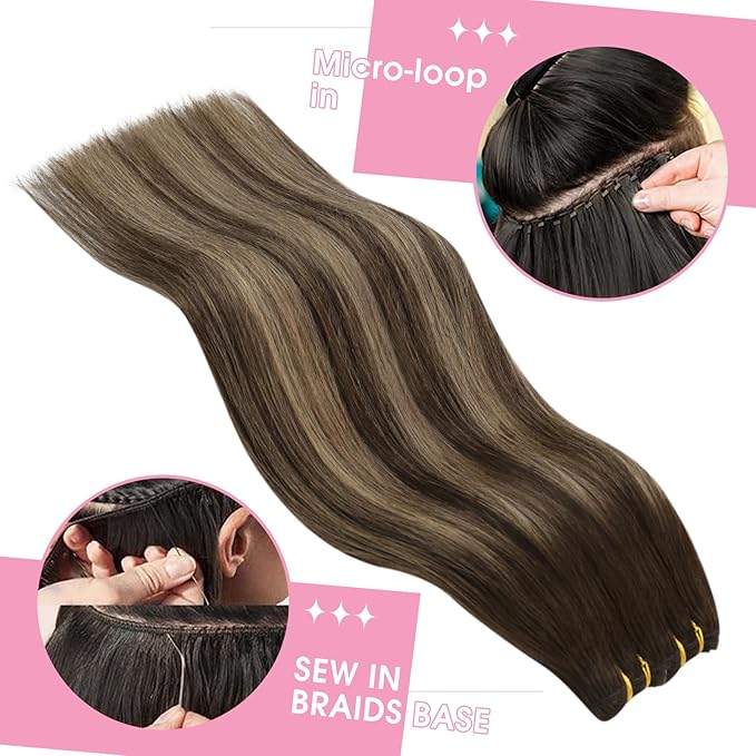 YoungSee Weft Hair Extensions Balayage Sew in Hair Extensions Dark Brown Ombre Caramel Blonde Mix Brown Human Hair Weft Extensions for Women 16Inch 100G