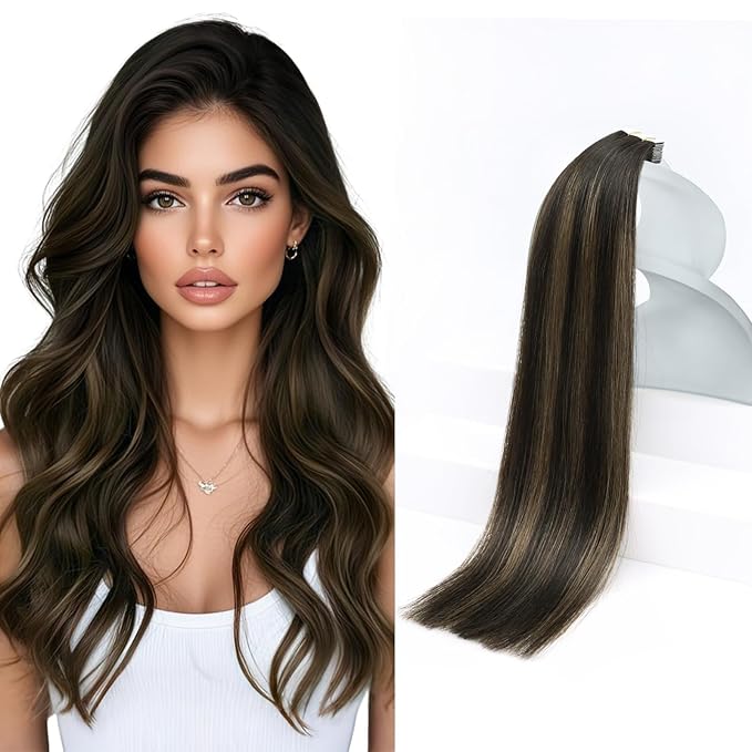 Sunny Hair Brown Tape in Hair Extensions 24 Inch Remy Tape in Extensions Human Hair Balayage Brown Tape ins Human Hair Extensions 20Pcs 50g