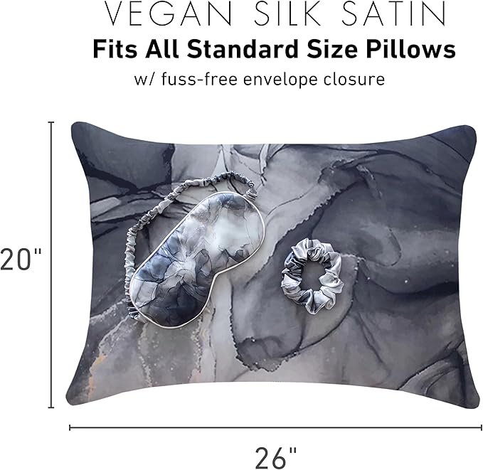 Satin Pillowcase Gift Set for Women – Marble Black, Silky Soft, Reduces Frizz | Includes Satin Eye Mask & Scrunchie | for Curly Hair, Sensitive Skin | Gift for Mom, Daughter, Girlfriend
