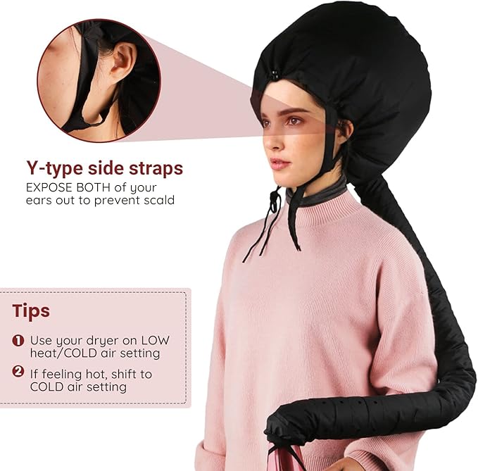 Bonnet Hooded Hair Dryer Attachment, Larger Adjustable Deep Conditioning Cap for Fast Hair Drying with Elastic Band for Fixing Free, Hair Curling Nursing Oil Treat-Ment SPA Steamer Cap
