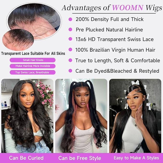 13x6 Lace Front Wigs Human Hair Full Real Virgin Hair 200% Density Straight Wigs Human Hair Pre Plucked No Tangle Shedding Silky Soft Smooth HD Lace Frontal Wigs Natural Black Color 26 Inch