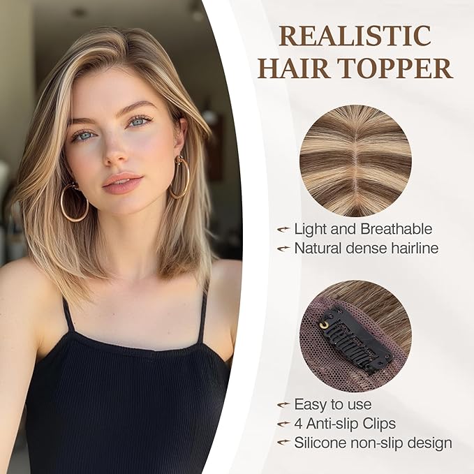 Rich Choices Hair Toppers for Women Real Human Hair 100% Human Remy Toppers NO Bangs with Thinning on Top Clip in Hairpiece 4"x4.7"Lace Base 12 Inch #4P27 Medium Brown Highlights Dark Blonde