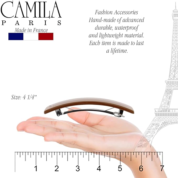 Camila Paris CP3443 French Hair Barrette Clip for Girls, Caramel, Rubberized Automatic Clasp Strong Hold Grip Hair Clips for Women, No Slip and Durable Styling Girls Hair Accessories, Made in France
