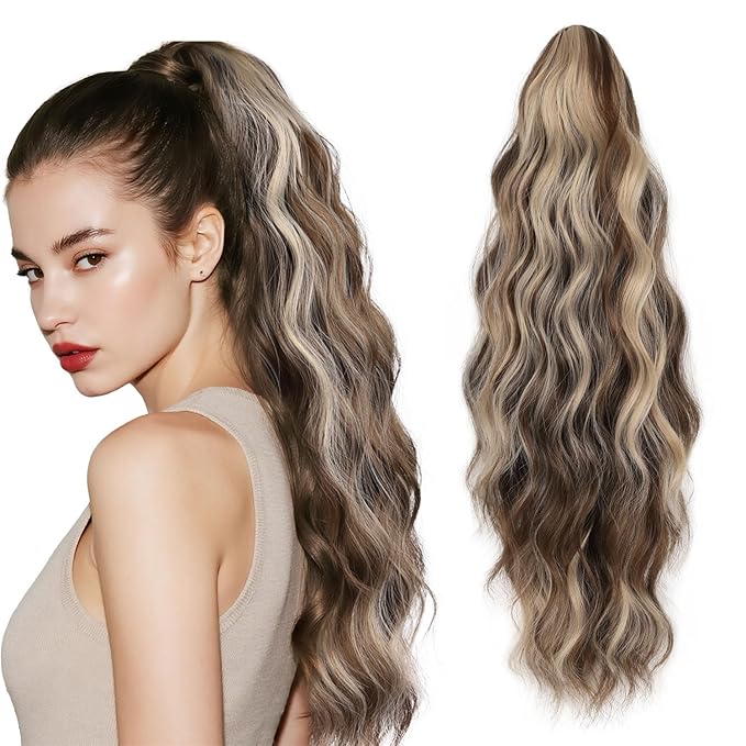18 Inch Ponytail Extension for Women Claw Ponytail Extension Wavy in Fake Pony Tails Fake Hair Fluffy Natural Synthetic Hairpiece for Daily Use (Chestnut Brown Mixed Ash Blonde)
