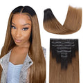 Lashey Light Yaki Straight Seamless Clip in Hair Extensions Human Hair 110g 7pcs Ombre Natural Black to Medium Auburn Hair Extensions Real Human Hair 24 Inch Long Human Hair Extensions for Women