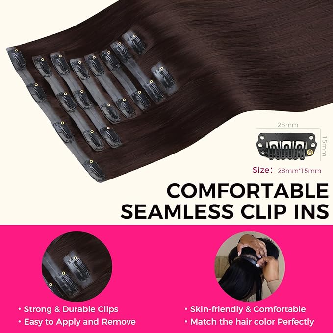 Lashey Seamless Clip in Hair Extensions Human Hair 150g 9pcs #2 Dark Brown Straight 20 Inch Clip in Hair Extensions with PU Soft Invisi Edge for Women
