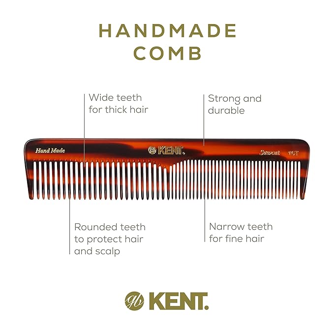 Kent 16T Tortoise Fine and Wide Tooth for Daily Grooming,Handmade Styling Comb for All Hair Types,Wet or Dry Hair Detangling Comb for Men and Women,Saw Cut Hand Polished,Made in England