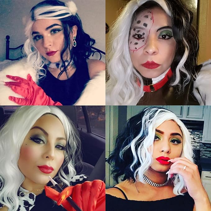 BUFASHION 14" Women Short Black and White Kinky Straight Cosplay Synthetic Wigs With Air Bangs 46 Colors Available (White with Black)