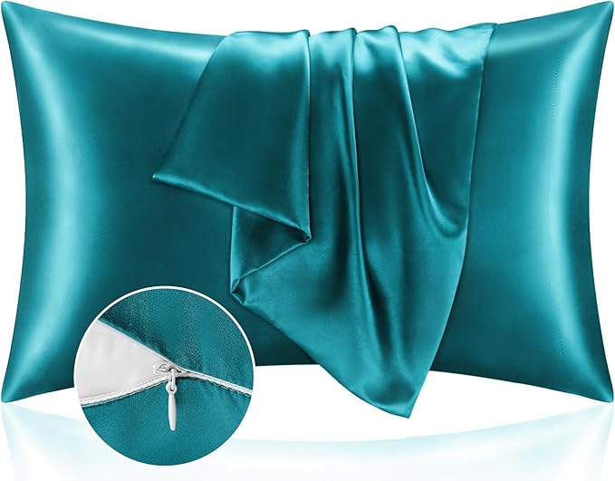 BEDELITE Satin Pillowcase with Zipper 2 Pack, Teal Pillow Cases Standard Size, Super Soft and Cooling Similar to Silk Pillow Cases, Gift for Women Men(20x26 Inches)