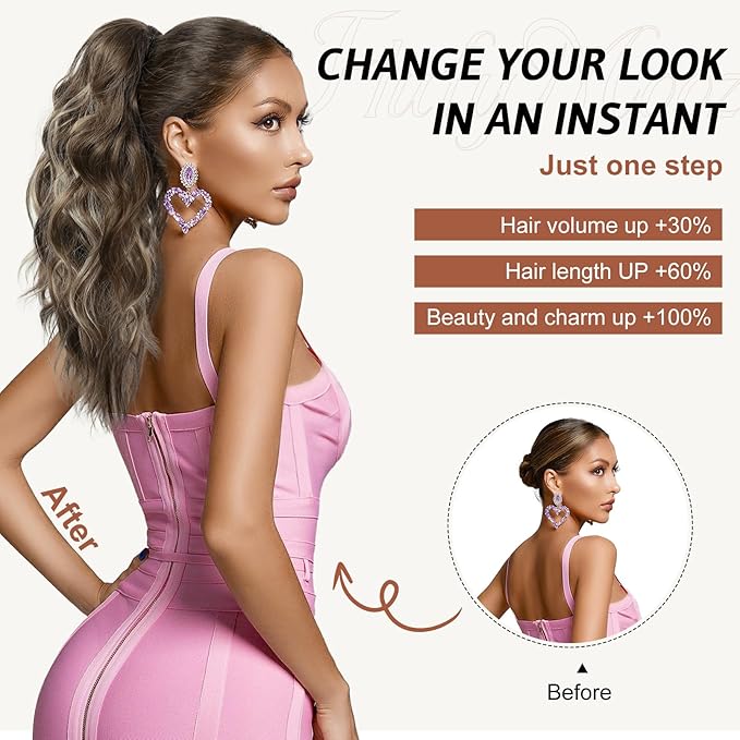 Flufymooz Ponytail Extension, 18Inch Claw Clip Ponytail Extension, Wavy Curly Claw Clip in Ponytail Hair Extensions, Natural Fake Ponytail Synthetic Hairpiece for Women (Golden Blonde with Highlight)
