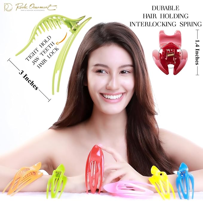 RC ROCHE 6 Pcs Flat Hair Clips Big Claw for Thick Hair French Duckbill Women No Slip Side Slide Curved Alligator Concord Strong Grip Hold Volume Lay Down Clamp, Medium Rainbow Multicolor