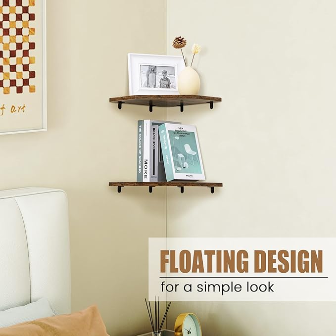 Corner Shelf Wall Mount, Floating Corner Shelves, Set of 4 Corner Wall Shelf Organizer, Rustic Wood Wall Storage Display Shelves for Living Room Bedroom Bathroom Kitchen, Rustic Brown