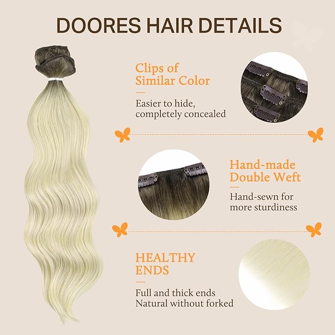 DOORES Clip in Hair Extensions Human Hair, Light Ash Brown to Ash Blonde 150g 9pcs 20 Inch, Remy Hair Extensions Clip in Straight Thick