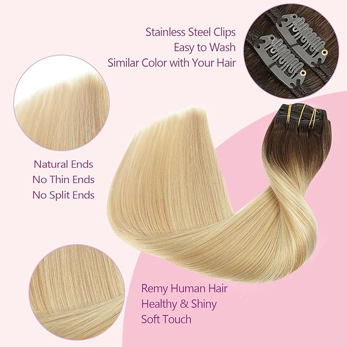 PINKPEARL Clip in Hair Extensions Real Human Hair, Remy Human Hair Extensions Clip ins, 18inch 120g 7Pcs, #4/27/60 Balayage Chocolate Brown to Caramel Blonde and Platinum Blonde(#4/27/60-18)