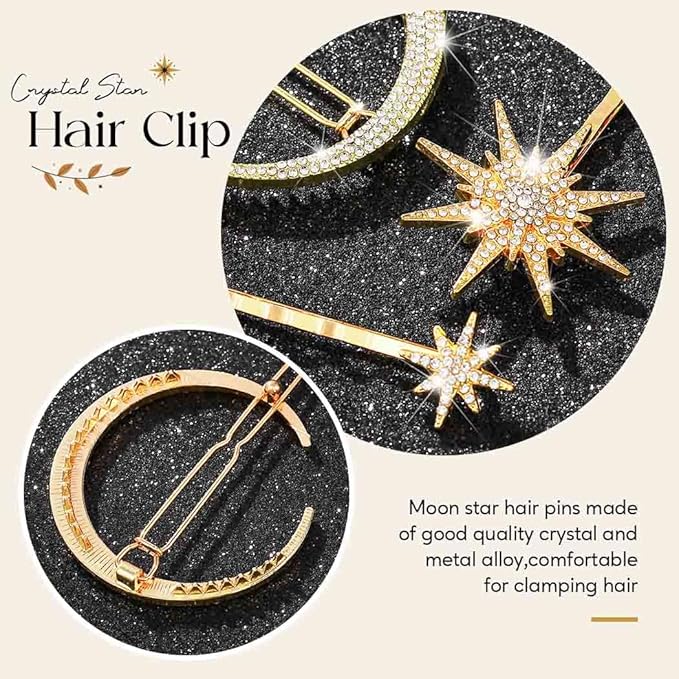 BARTOSI Moon Star Hair Clips Gold Stars Hair pins Crystal Celestial Hair Accessories for Women and Girls (Pack of 3)