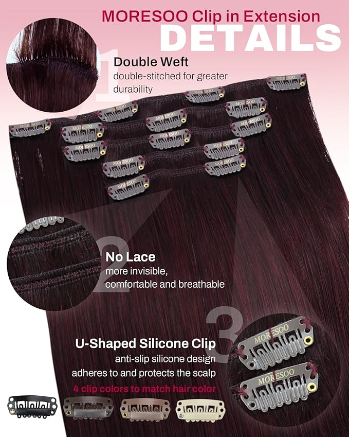 Moresoo Dark Red Clip in Hair Extensions Real Human Hair Red Human Hair Extensions Clip ins Burgundy Short And Straight 80g/5pcs 10 inch