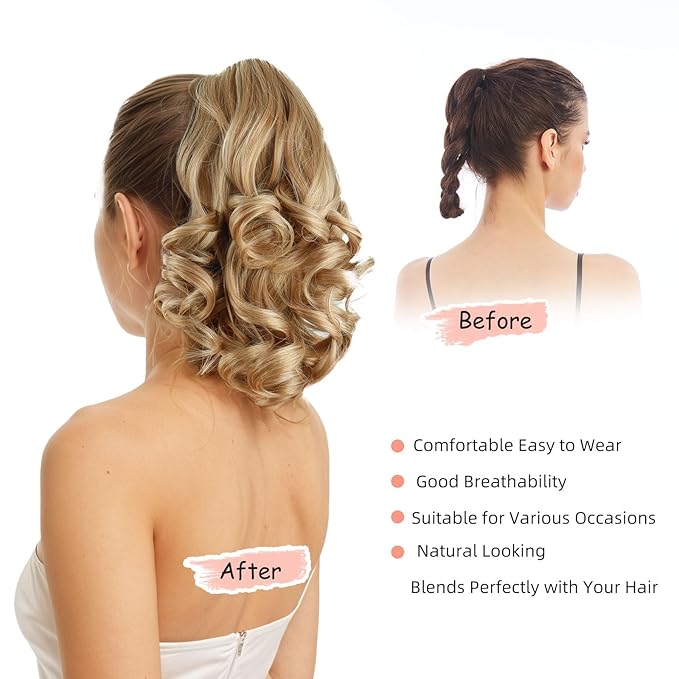 Ponytail Extension, Clip on Ponytails for Women, 12" Claw Clip in Short Curly Wavy Pony Hair Extension for Women - Blonde