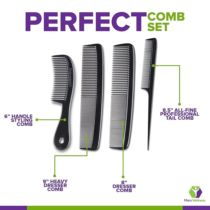 MARS Wellness 4 Piece Professional Comb Set Black BULK 20 Pack - USA MADE - Fine Pro Tail, Dresser Hair Comb Styling Comb - for Men Women - Parting Teasing and Styling